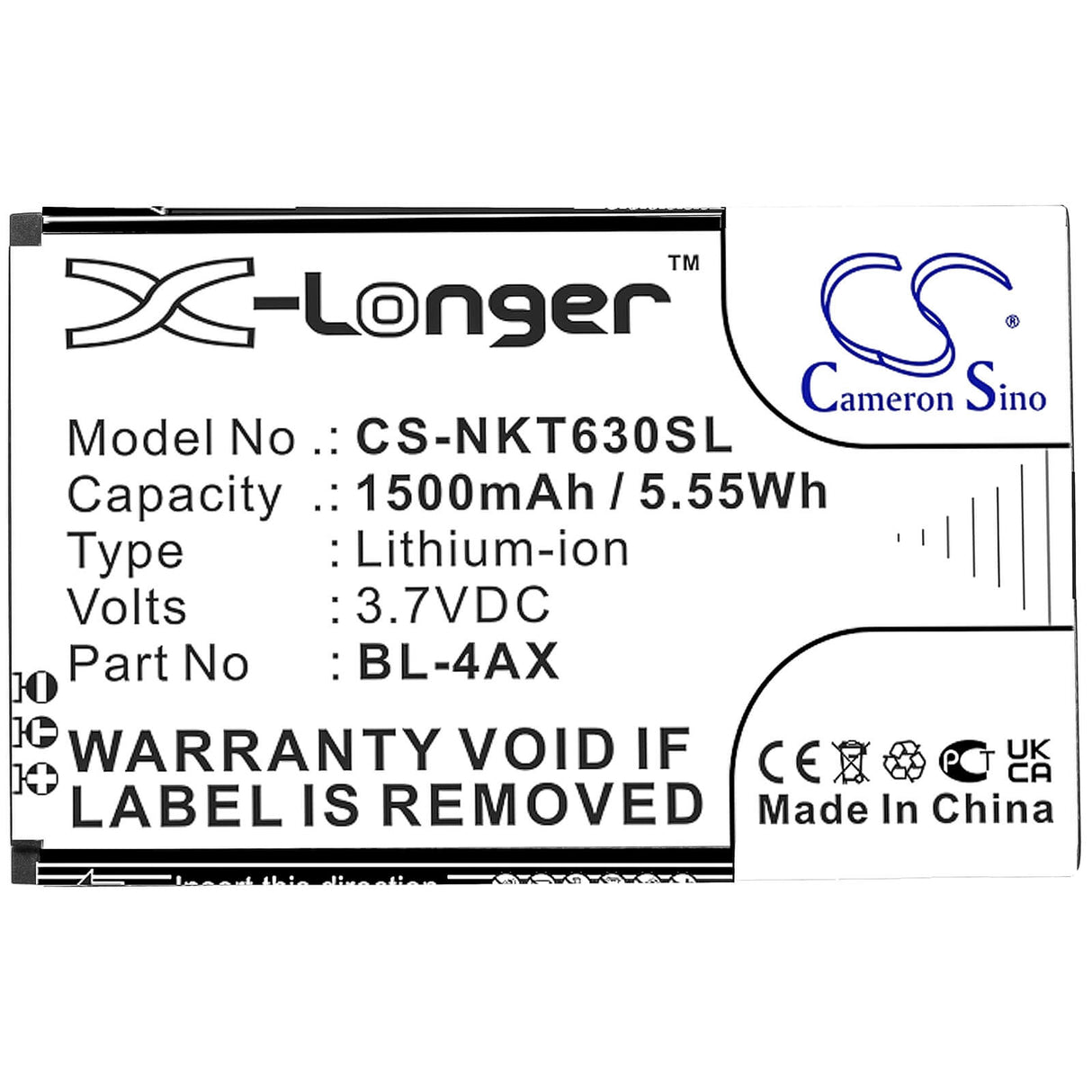 3.7V, Li-ion, 1500mAh, SmartPhone battery fits Nokia, Bl-4ax, 6300 4g, 8000 4g, 5.55Wh Mobile, SmartPhone Cameron Sino Technology Limited (Smartphone)