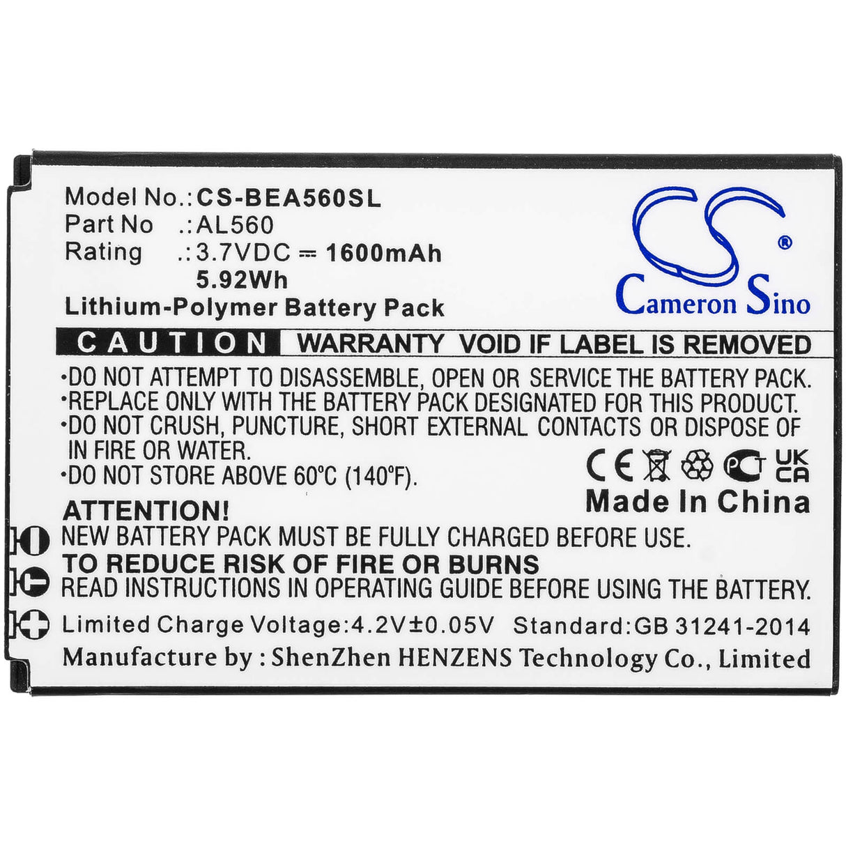 3.7V, Li-Polymer, 1600mAh, SmartPhone battery fits Bea-fon, Al560, Al560, 5.92Wh Mobile, SmartPhone Cameron Sino Technology Limited (Smartphone)