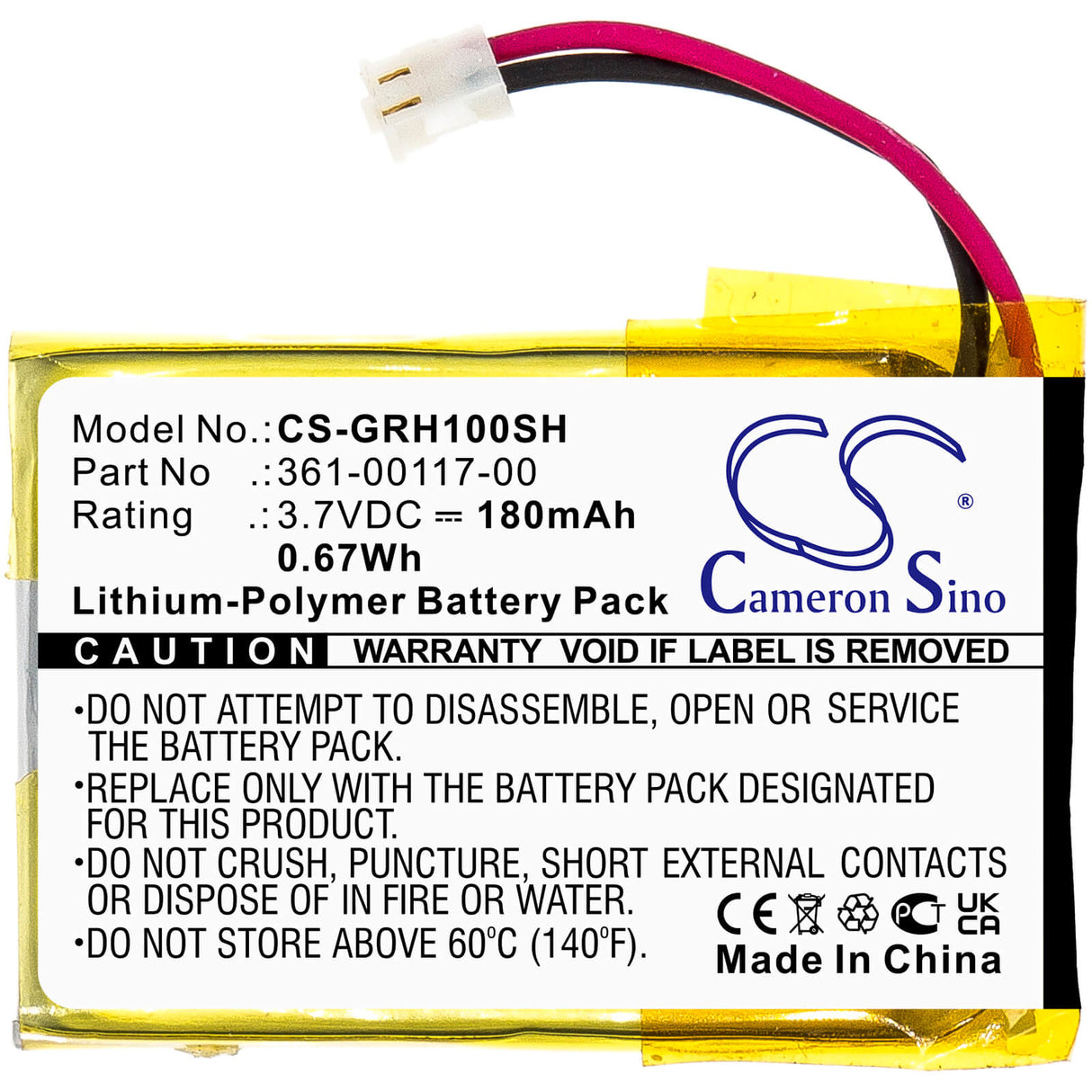 3.7V, Li-Polymer, 180mAh, Smartwatch battery fits Garmin, 361-00117-00, Approach S10, Approach S20, 0.67Wh Smartwatch Cameron Sino Technology Limited