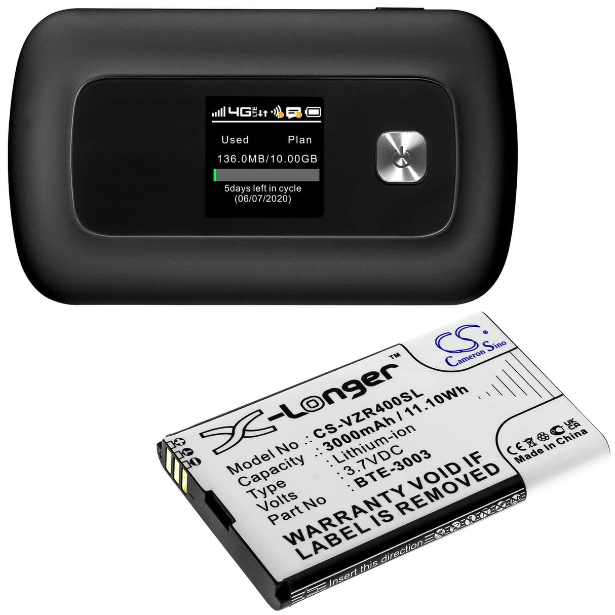 3.7V, Li-ion, 3000mAh, Hotspot battery fits Kajeet, Verizon, Orbic, Bte-3003, Smartspot V400, 11.10Wh Hotspot Cameron Sino Technology Limited