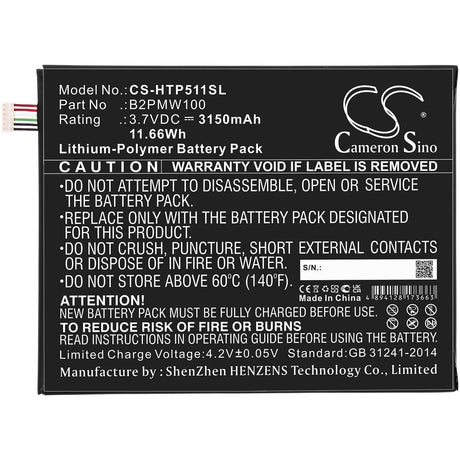 3.7V, Li-Polymer, 3150mAh, Tablet battery fits Htc, B2pmw100, P510, 11.66Wh Tablet Cameron Sino Technology Limited