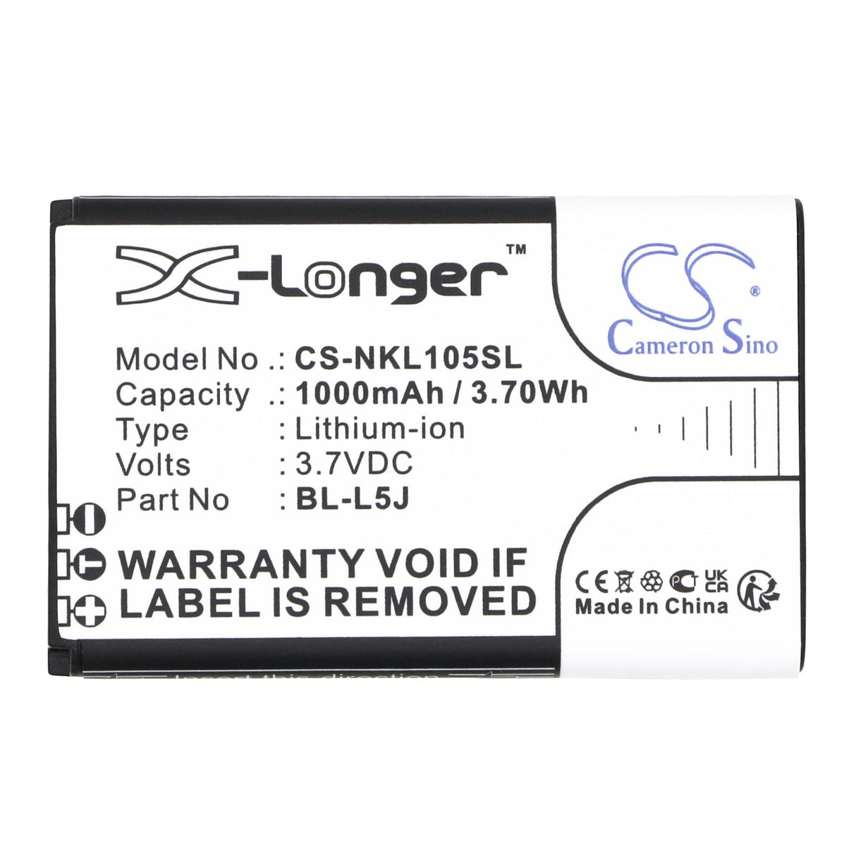 3.7V, Li-ion, 1000mAh, SmartPhone battery fits Nokia, Bl-l5j, 105 2023, 3.7Wh Mobile, SmartPhone Cameron Sino Technology Limited (Smartphone)