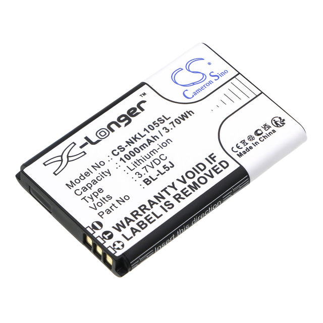 3.7V, Li-ion, 1000mAh, SmartPhone battery fits Nokia, Bl-l5j, 105 2023, 3.7Wh Mobile, SmartPhone Cameron Sino Technology Limited (Smartphone)