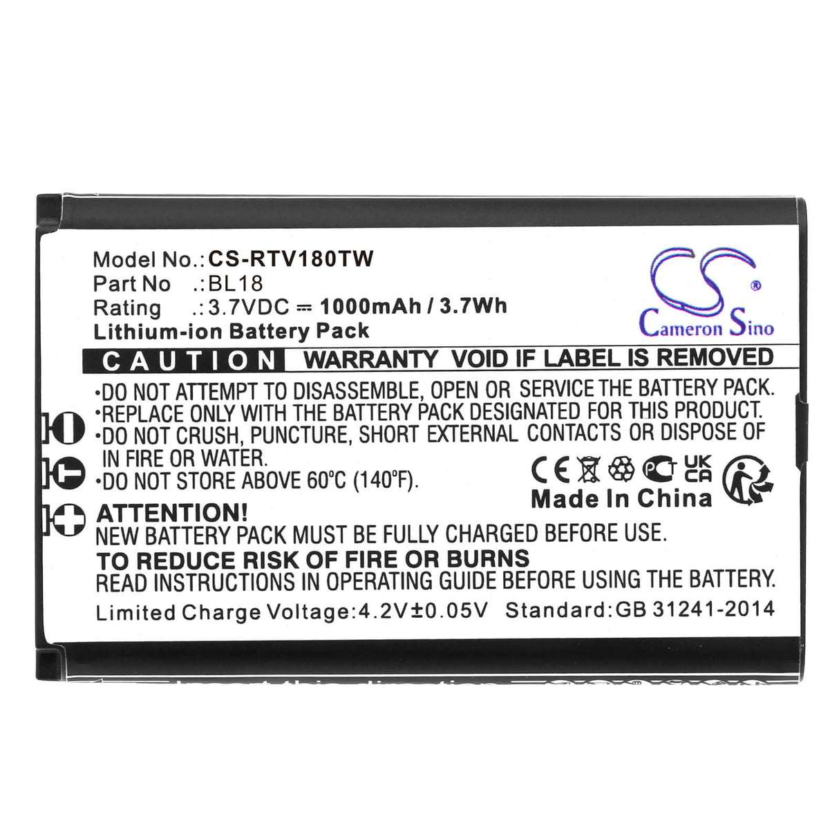 3.7V, Li-ion, 1000mAh, Two-Way Radio battery fits Retevis, Bl18, Rt18, Rt618, 3.7Wh Two-Way Radio Cameron Sino Technology Limited