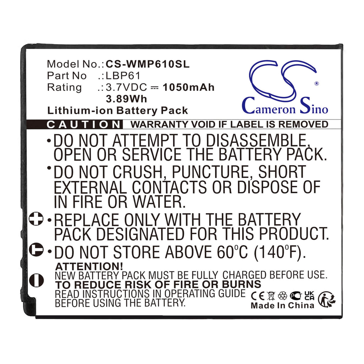 3.7V, Li-ion, 1050mAh, Transmitters & Receiver battery fits Wisycom, Lbp61, Mrp61 Transmitter, 3.89Wh Transmitters & Receiver Cameron Sino Technology Limited