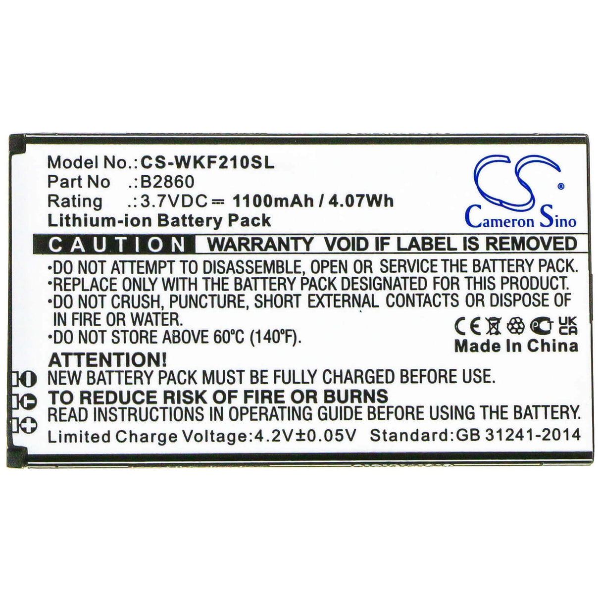 3.7V, Li-ion, 1100mAh, SmartPhone battery fits Wiko, B2860, F200, 4.07Wh Mobile, SmartPhone Cameron Sino Technology Limited (Smartphone)