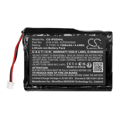 3.7V, Li-ion, 1200mAh, Media Player battery fits Apple, 616-0183, Ipod 4th Generatio, Ipod Photo, 4.44Wh Media Player Cameron Sino Technology Limited