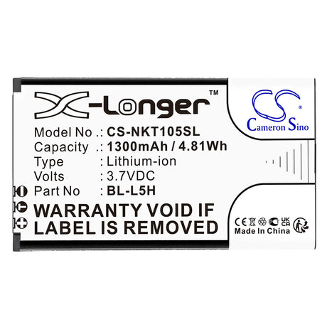 3.7V, Li-ion, 1300mAh, SmartPhone battery fits Nokia, Bl-l5h, 105 2023, 105 4g, 4.81Wh Mobile, SmartPhone Cameron Sino Technology Limited (Smartphone)