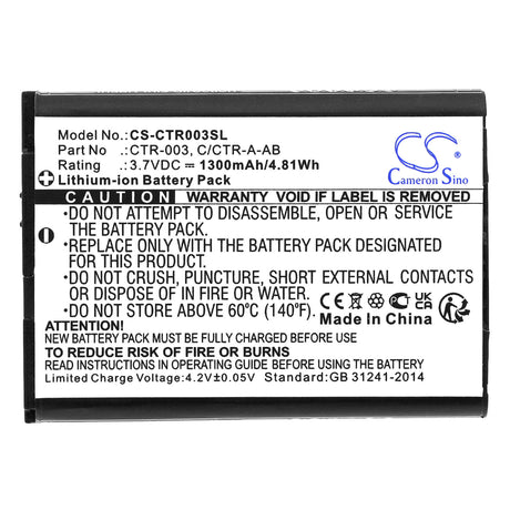 3.7V, Li-ion, 1300mAh, Game Console battery fits Nintendo, C/ctr-a-ab, 2ds Xl, 3ds, 4.81Wh Game Console Cameron Sino Technology Limited