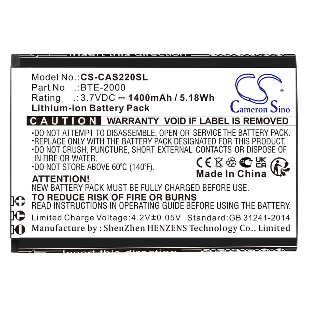 3.7V, Li-ion, 1400mAh, SmartPhone battery fits Caterpillar, Cat, Bte-2000, S22, S22 Flip, 5.18Wh Mobile, SmartPhone Cameron Sino Technology Limited (Smartphone)