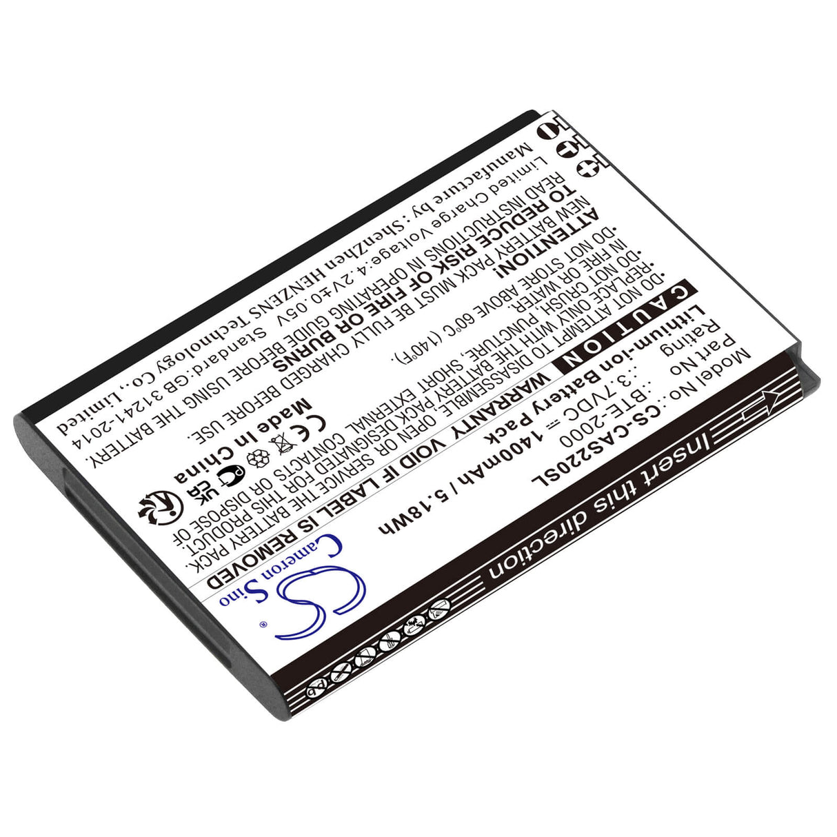 3.7V, Li-ion, 1400mAh, SmartPhone battery fits Caterpillar, Cat, Bte-2000, S22, S22 Flip, 5.18Wh Mobile, SmartPhone Cameron Sino Technology Limited (Smartphone)