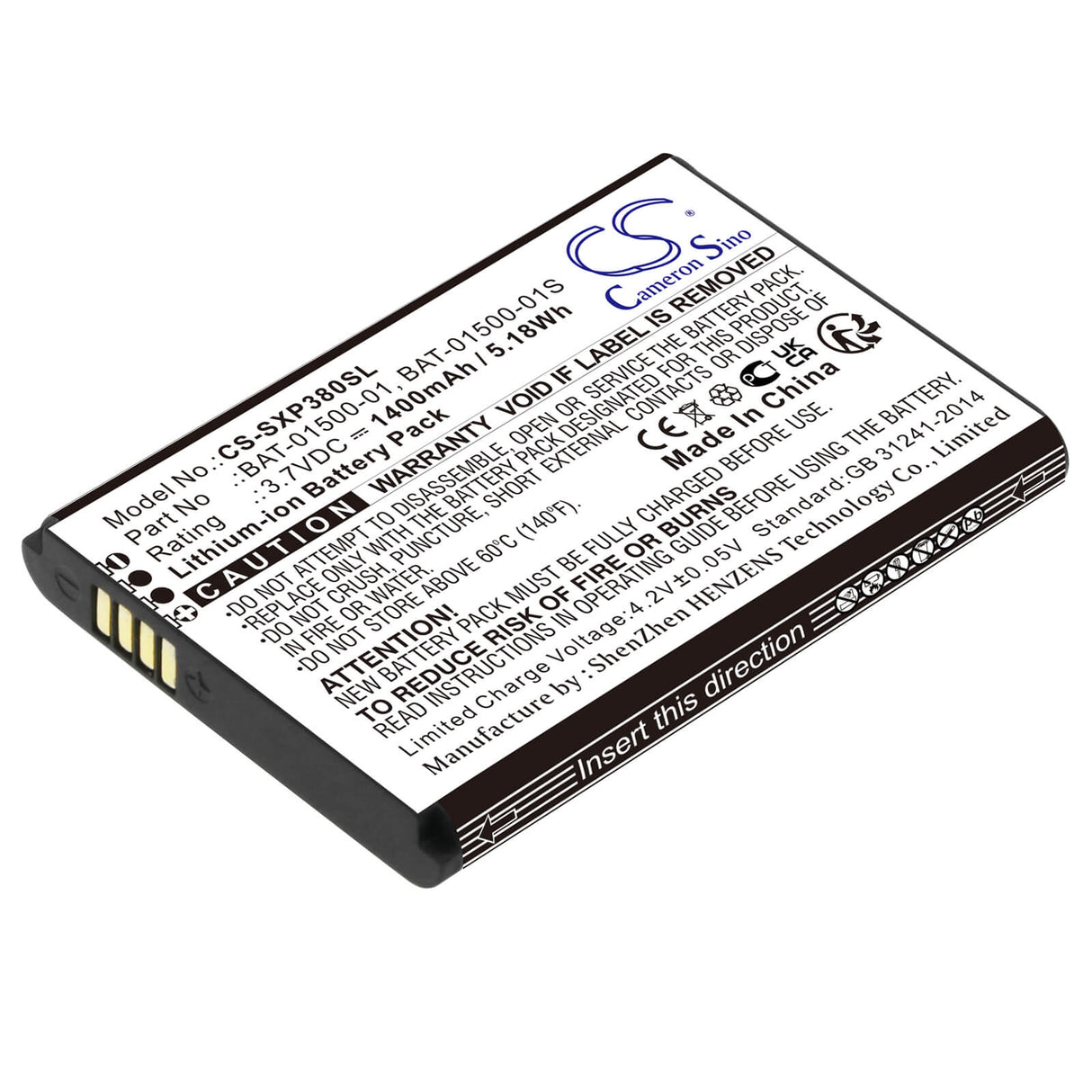 3.7V, Li-ion, 1400mAh, SmartPhone battery fits Sonim, Bat-01500-01, Xp3, Xp3800, 5.18Wh Mobile, SmartPhone Cameron Sino Technology Limited (Smartphone)