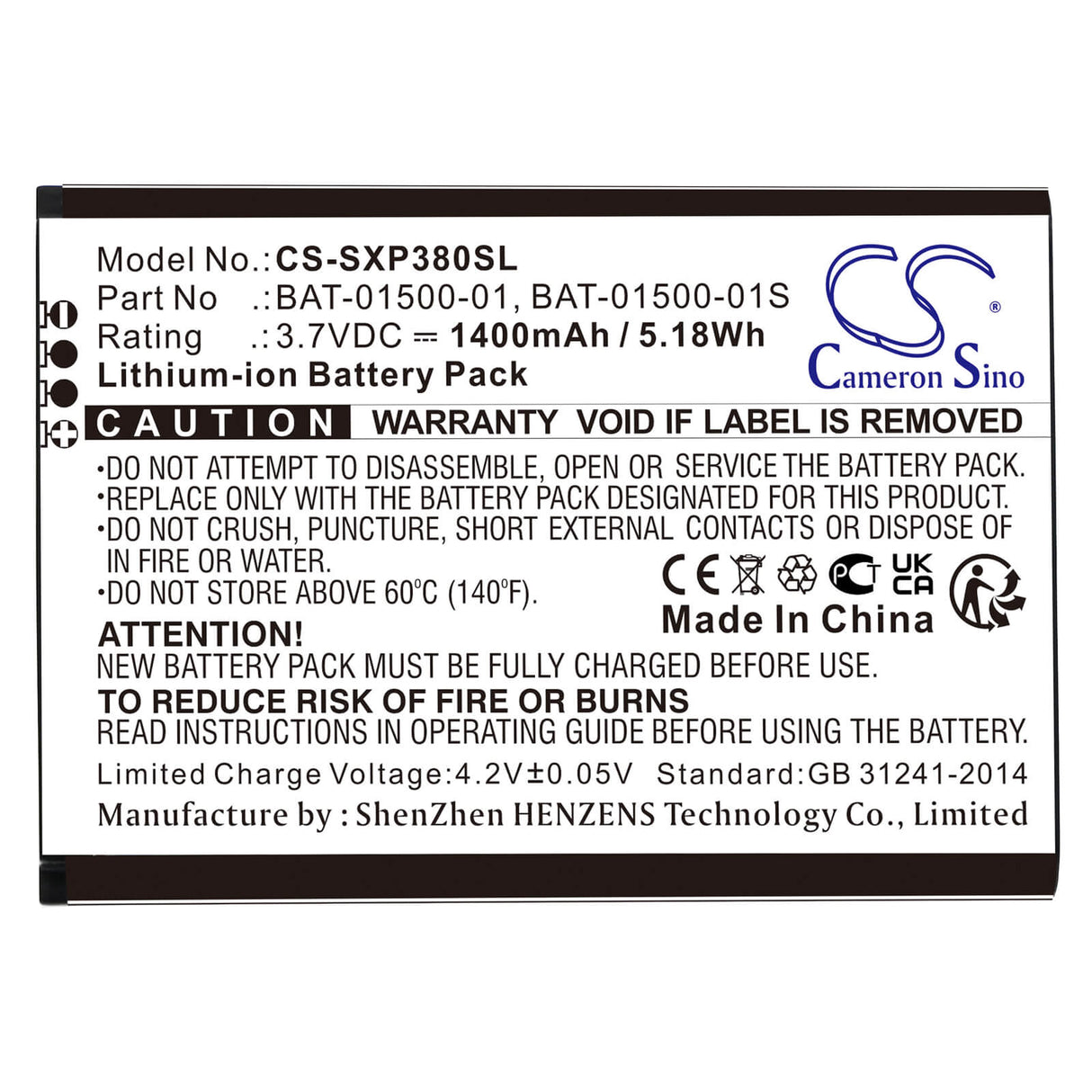3.7V, Li-ion, 1400mAh, SmartPhone battery fits Sonim, Bat-01500-01, Xp3, Xp3800, 5.18Wh Mobile, SmartPhone Cameron Sino Technology Limited (Smartphone)