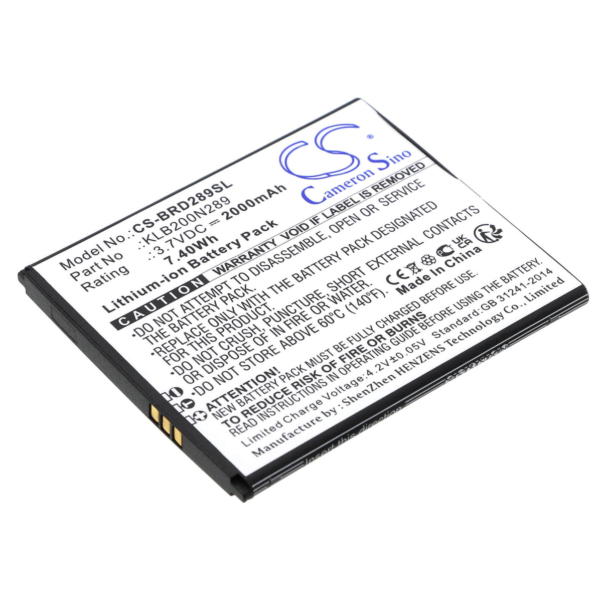 3,7V, Li-ion, 2000mAh, batterie de smartphone compatible avec Brondi, Klb200n289, Centurion 1, 7,4Wh Mobile, SmartPhone Cameron Sino Technology Limited (Smartphone)