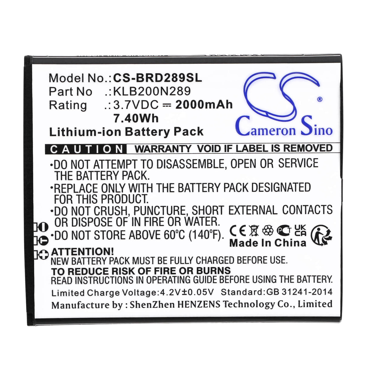 3,7V, Li-ion, 2000mAh, batterie de smartphone compatible avec Brondi, Klb200n289, Centurion 1, 7,4Wh Mobile, SmartPhone Cameron Sino Technology Limited (Smartphone)