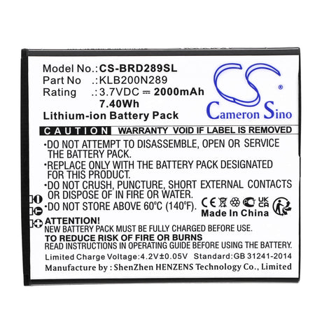 3,7V, Li-ion, 2000mAh, batterie de smartphone compatible avec Brondi, Klb200n289, Centurion 1, 7,4Wh Mobile, SmartPhone Cameron Sino Technology Limited (Smartphone)