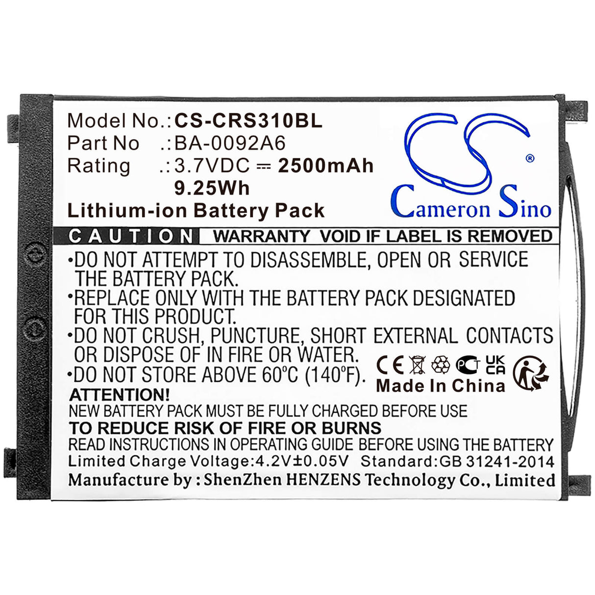 3.7v, Li-ion, 2500mah, Barcode Scanner Battery Fit's Cipherlab, Rs31, 9.25wh Barcode Scanner Cameron Sino Technology Limited