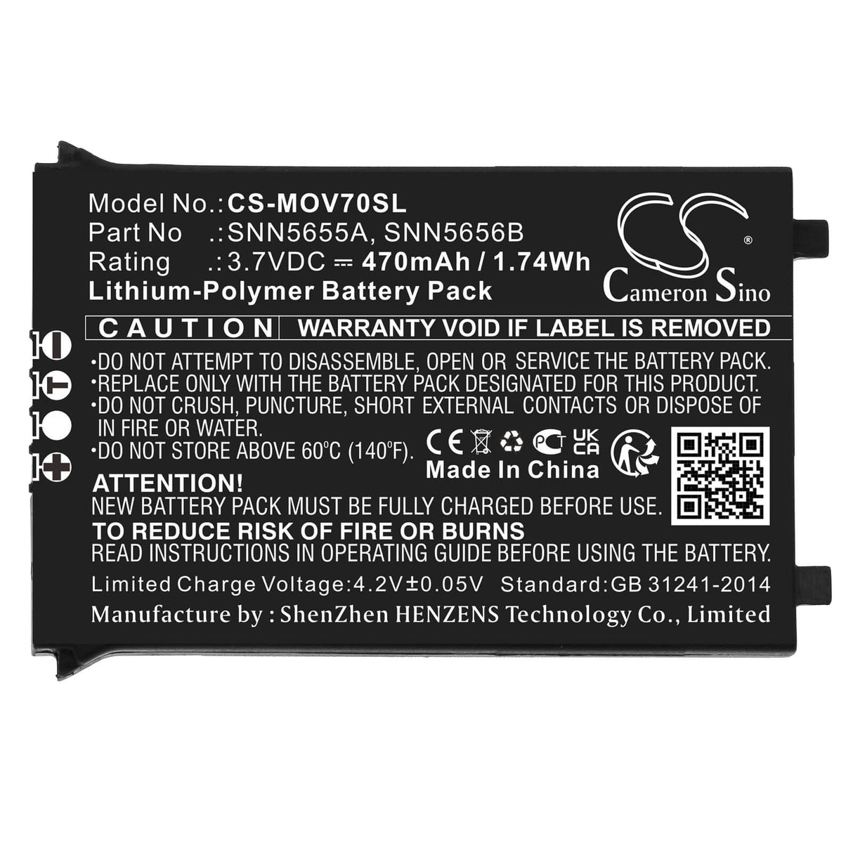 3.7V, Li-Polymer, 470mAh, SmartPhone battery fits Motorola, Snn5655a, V70, 1.74Wh Mobile, SmartPhone Cameron Sino Technology Limited (Smartphone)