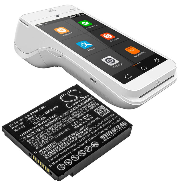 3.7V, Li-ion, 5250mAh, Payment Terminal battery fits Pax, Is900, A920, A920c, 19.43Wh Payment Terminal Cameron Sino Technology Limited