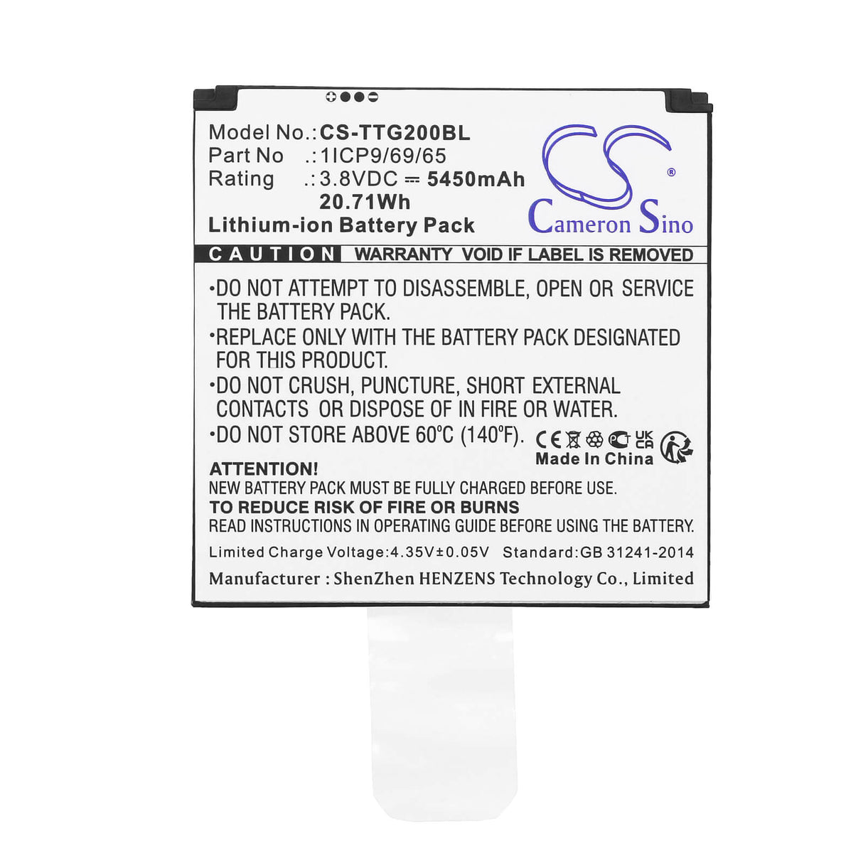 3.8V, Li-ion, 5450mAh, Payment Terminal battery fits Toast, 1icp9/69/65, Tg200, 20.71Wh Payment Terminal Cameron Sino Technology Limited