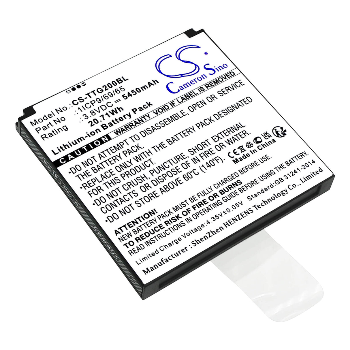 3.8V, Li-ion, 5450mAh, Payment Terminal battery fits Toast, 1icp9/69/65, Tg200, 20.71Wh Payment Terminal Cameron Sino Technology Limited