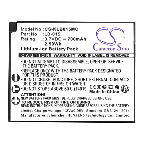 3.7V, Li-ion, 700mAh, Camera battery fits Kodak, Lb-015, Wpz2, 2.59Wh Camera Cameron Sino Technology Limited (Camera)