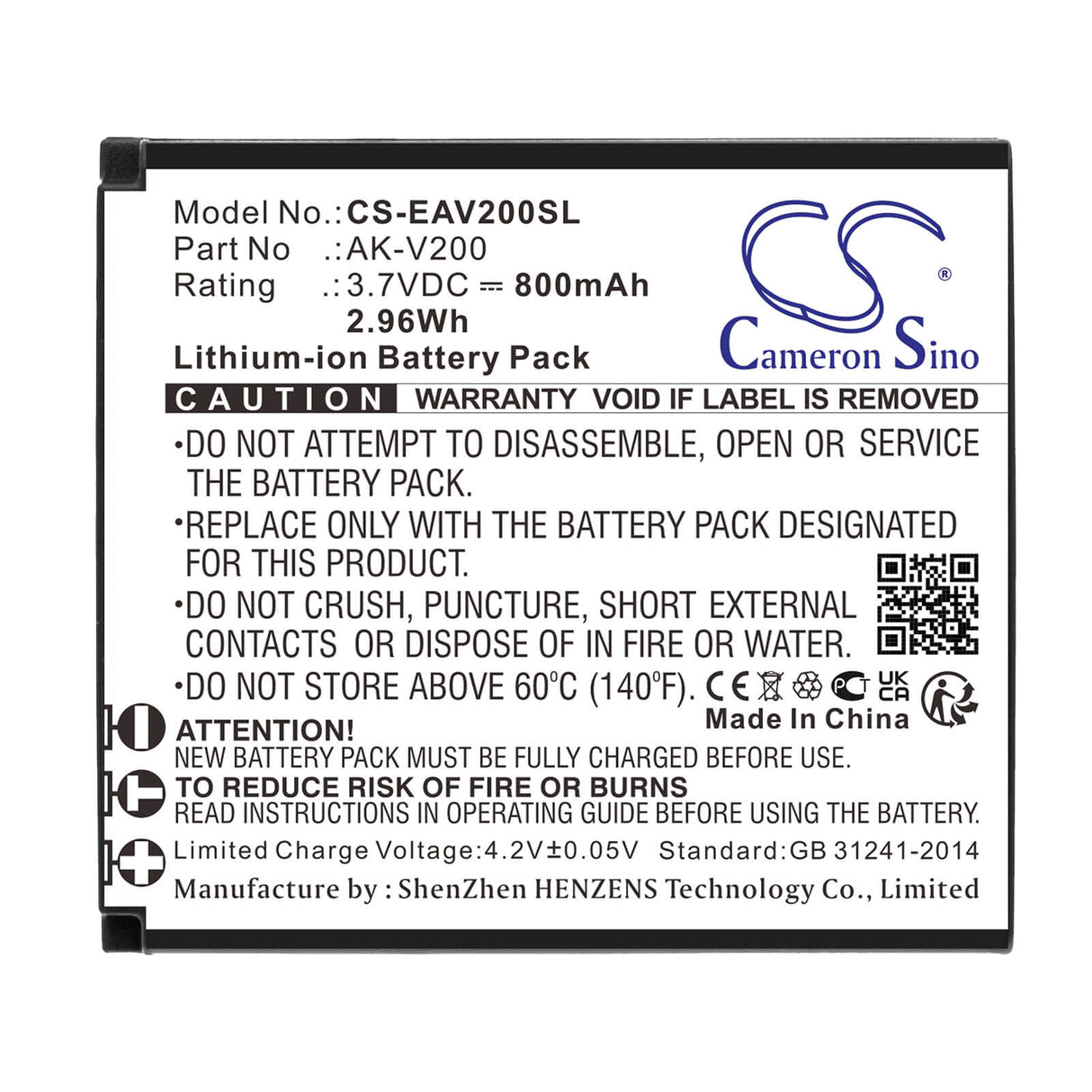 3.7V, Li-ion, 800mAh, SmartPhone battery fits Emporia, Ak-v200, One, V200, 2.96Wh Mobile, SmartPhone Cameron Sino Technology Limited (Smartphone)