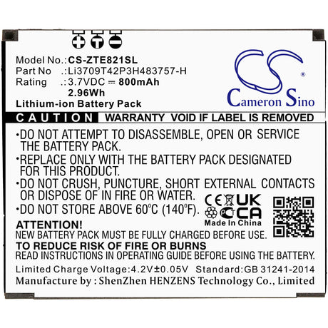 3.7V, Li-ion, 800mAh, SmartPhone battery fits Zte, Li3709t42p3h483757-h, E821, 2.96Wh Mobile, SmartPhone Cameron Sino Technology Limited (Smartphone)