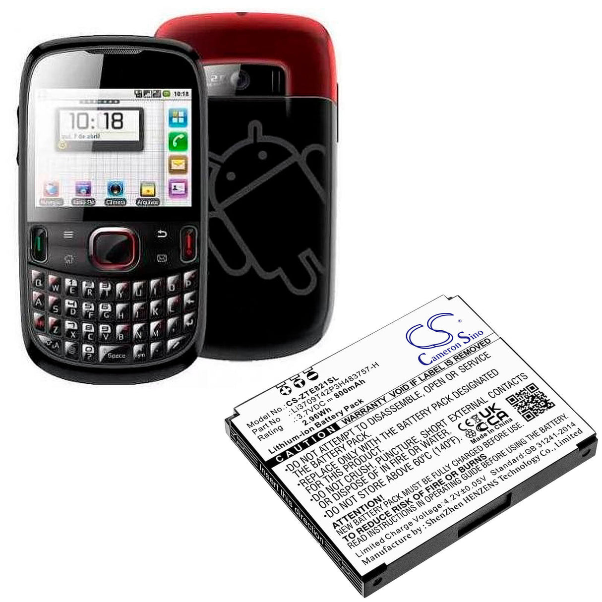 3.7V, Li-ion, 800mAh, SmartPhone battery fits Zte, Li3709t42p3h483757-h, E821, 2.96Wh Mobile, SmartPhone Cameron Sino Technology Limited (Smartphone)
