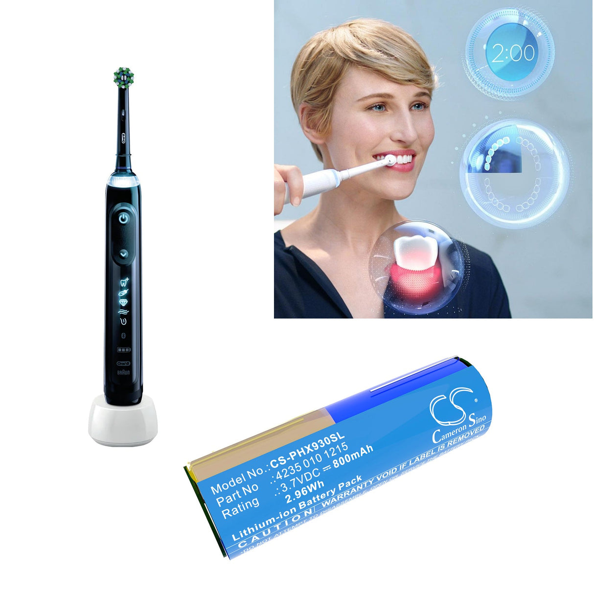 3.7V, Li-ion, 800mAh, Toothbrush battery fits Oral-b, 10000, 3765, 2.96Wh Toothbrush Cameron Sino Technology Limited