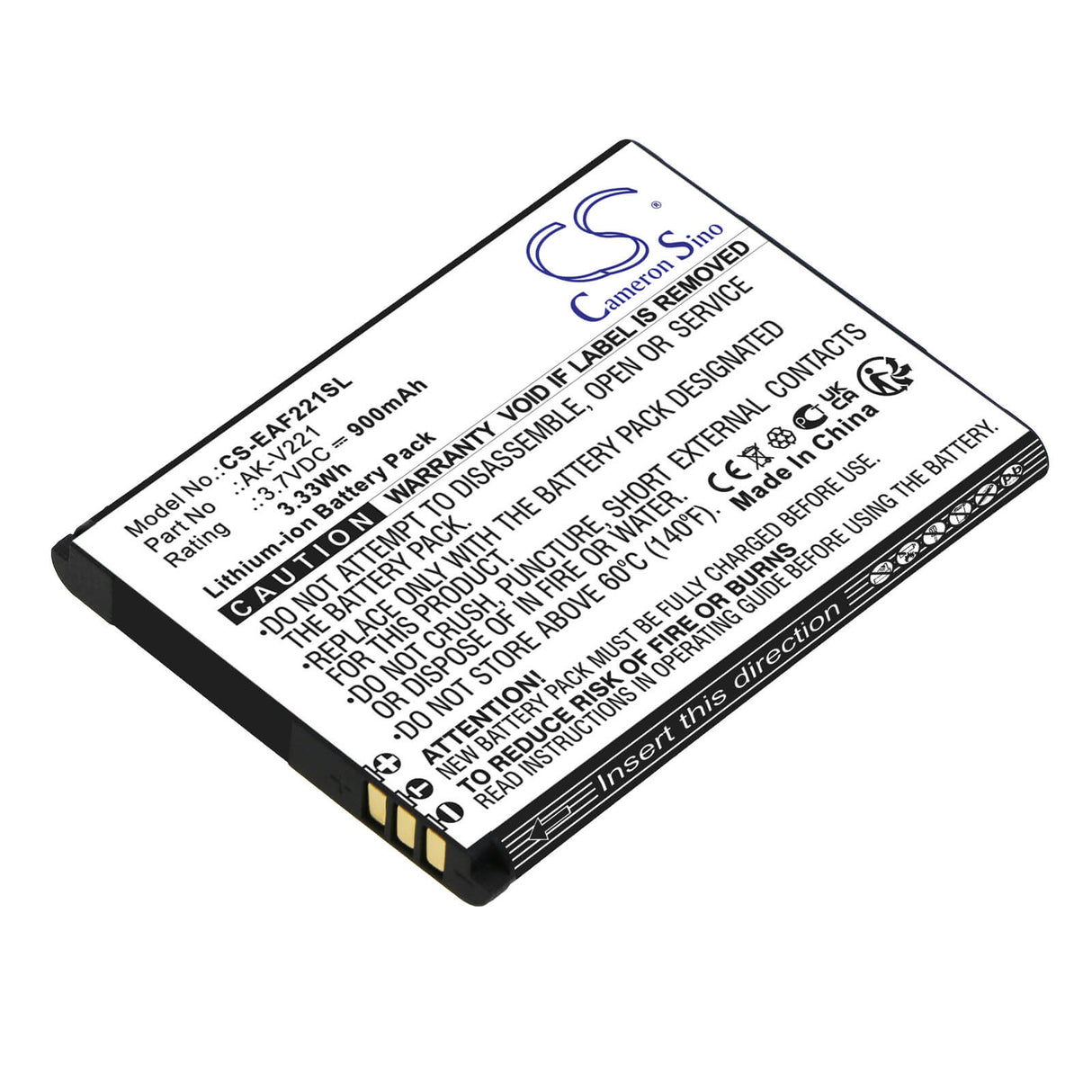 3.7V, Li-ion, 900mAh, SmartPhone battery fits Emporia, Ak-v221, Active Glam, Active Glam 4g, 3.33Wh Mobile, SmartPhone Cameron Sino Technology Limited (Smartphone)