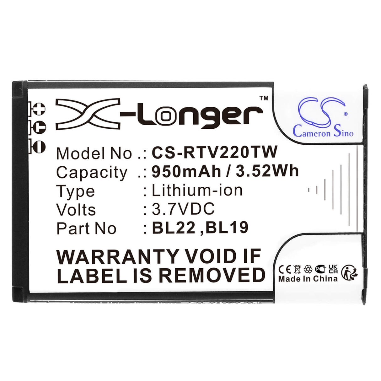 3.7V, Li-ion, 950mAh, Two-Way Radio battery fits Retevis, Bl19, Dt22, Rt15, 3.52Wh Two-Way Radio Cameron Sino Technology Limited