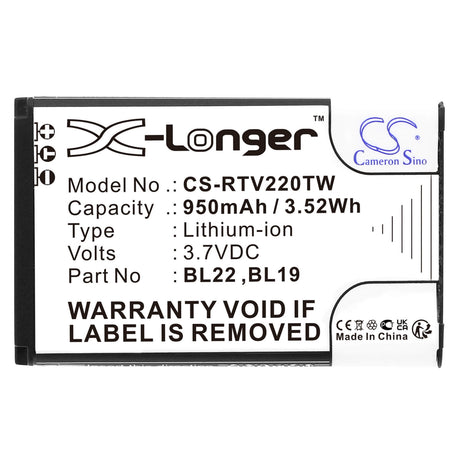 3.7V, Li-ion, 950mAh, Two-Way Radio battery fits Retevis, Bl19, Dt22, Rt15, 3.52Wh Two-Way Radio Cameron Sino Technology Limited