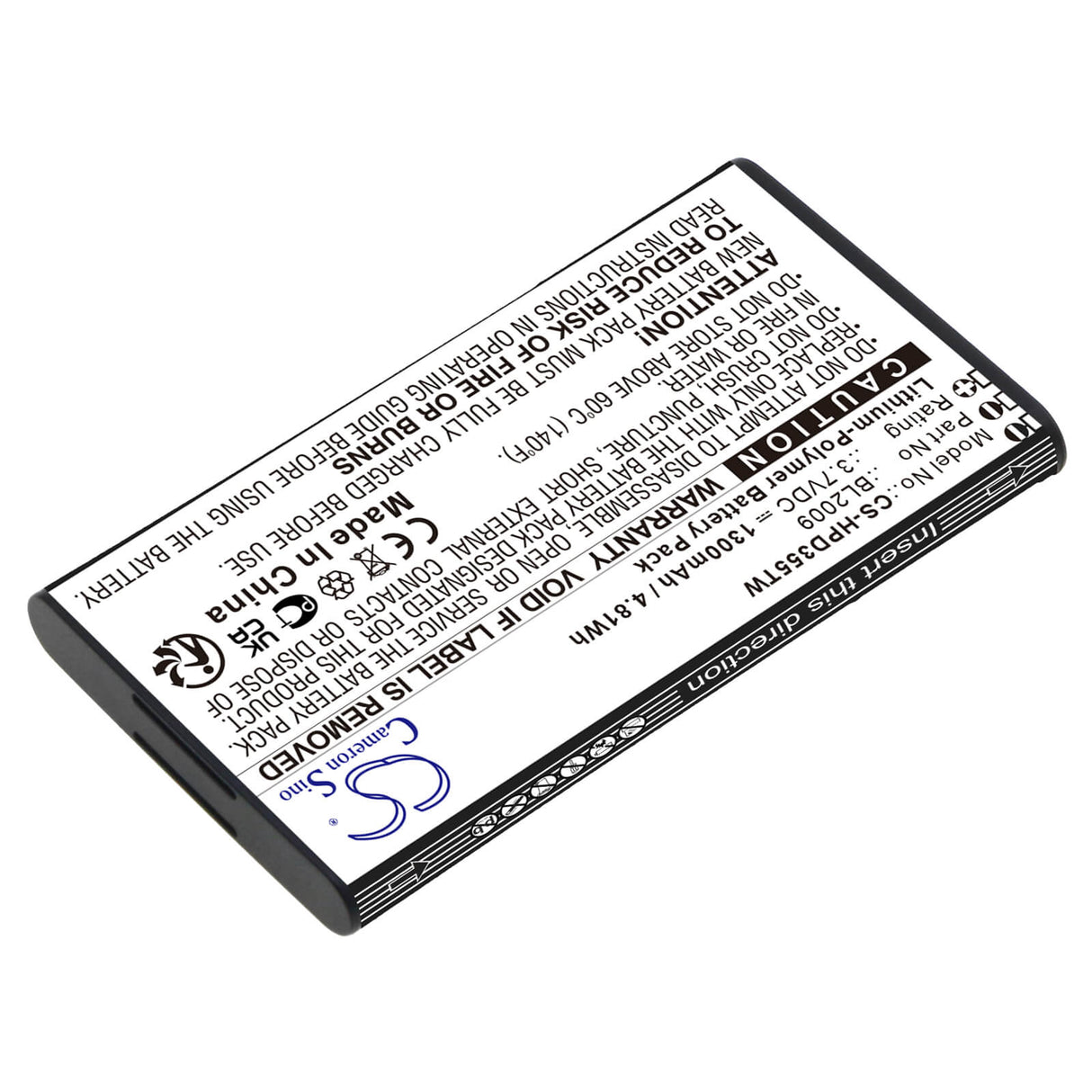 3.7V, Li-Polymer, 1300mAh, Two-Way Radio battery fits Hytera, Bl2009, Pd355, Pd362i, 4.81Wh Two-Way Radio Cameron Sino Technology Limited