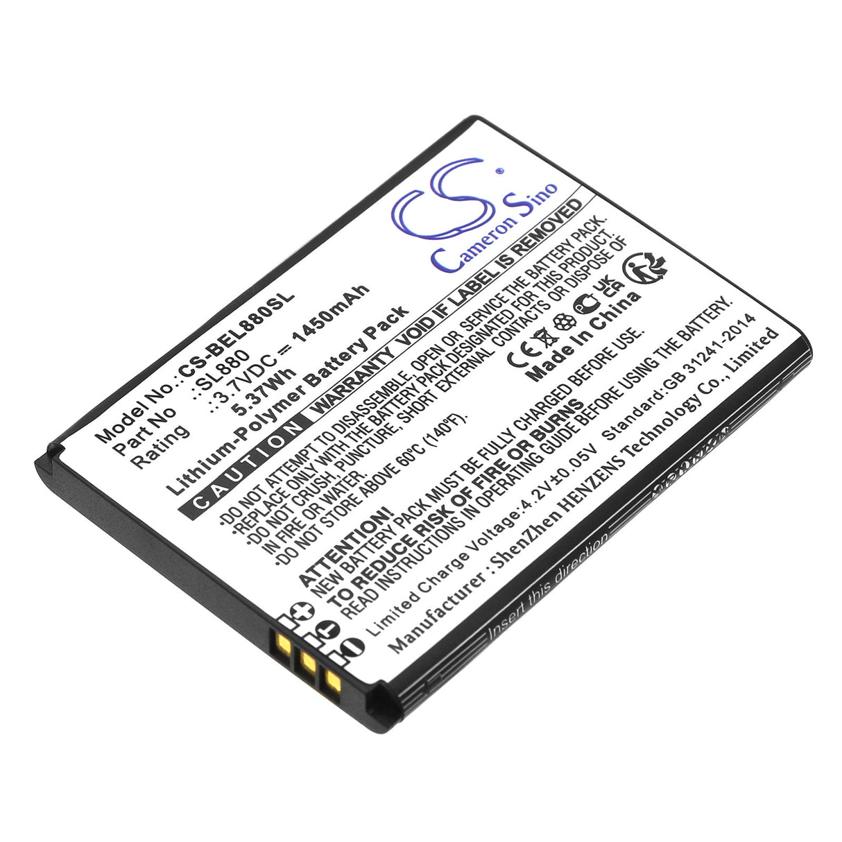 3.7V, Li-Polymer, 1450mAh, SmartPhone battery fits Bea-fon, Sl880, Sl800 4g, Sl880 Touch, 5.37Wh Mobile, SmartPhone Cameron Sino Technology Limited (Smartphone)