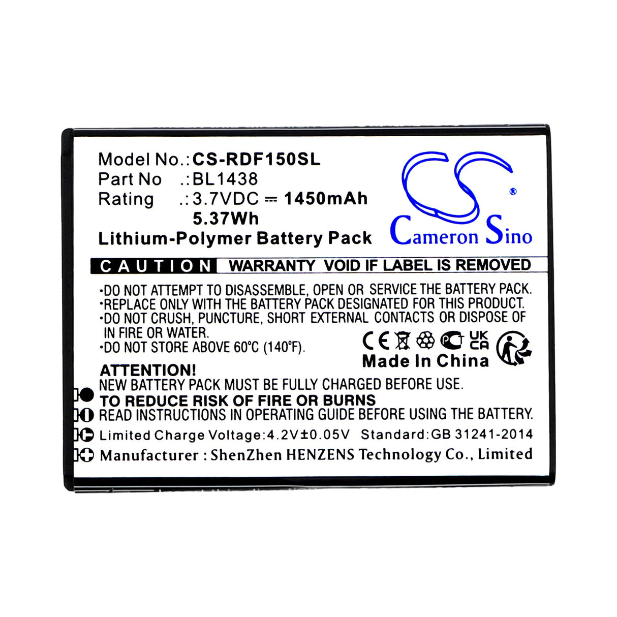 3.7V, Li-Polymer, 1450mAh, SmartPhone battery fits R3di, Bl1438, Bright Flip, Fr150, 5.37Wh Mobile, SmartPhone Cameron Sino Technology Limited (Smartphone)