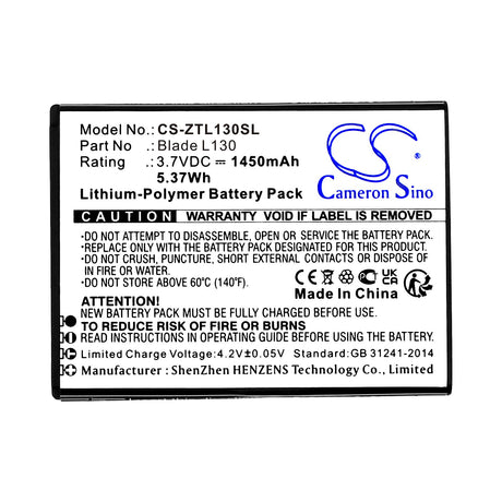 3.7V, Li-Polymer, 1450mAh, SmartPhone battery fits Zte, Li3816t43p4h604550, Blade L130, Grand Max, 5.37Wh Mobile, SmartPhone Cameron Sino Technology Limited (Smartphone)
