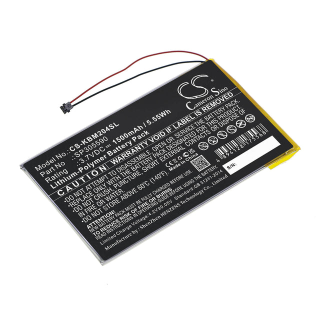 3.7V, Li-Polymer, 1500mAh, E-book, E-reader battery fits Kobo, Sp305590, Aura Hd, N204-kbo-b, 5.55Wh E-book, E-reader Cameron Sino Technology Limited