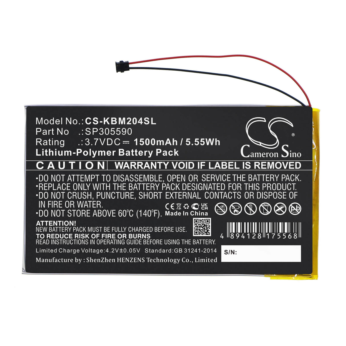 3.7V, Li-Polymer, 1500mAh, E-book, E-reader battery fits Kobo, Sp305590, Aura Hd, N204-kbo-b, 5.55Wh E-book, E-reader Cameron Sino Technology Limited