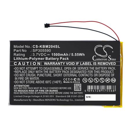 3.7V, Li-Polymer, 1500mAh, E-book, E-reader battery fits Kobo, Sp305590, Aura Hd, N204-kbo-b, 5.55Wh E-book, E-reader Cameron Sino Technology Limited
