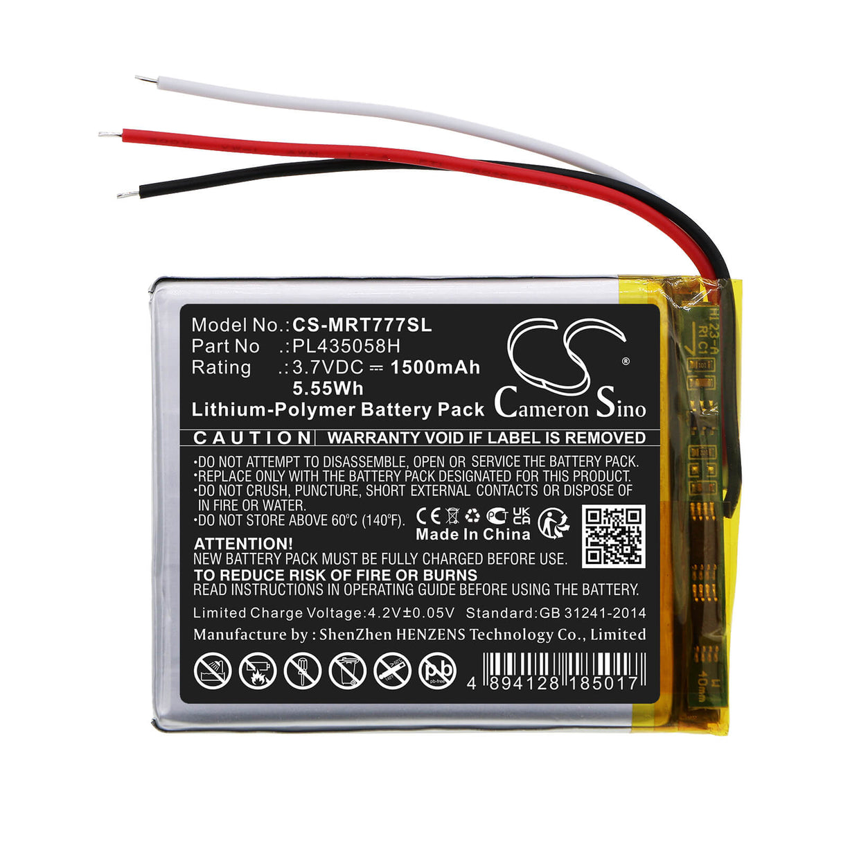 3.7V, Li-Polymer, 1500mAh, GPS battery fits Roadmate, Pl435058h, 7771t-lmb, Rm7771t-lmb, 5.55Wh GPS, Navigator Cameron Sino Technology Limited