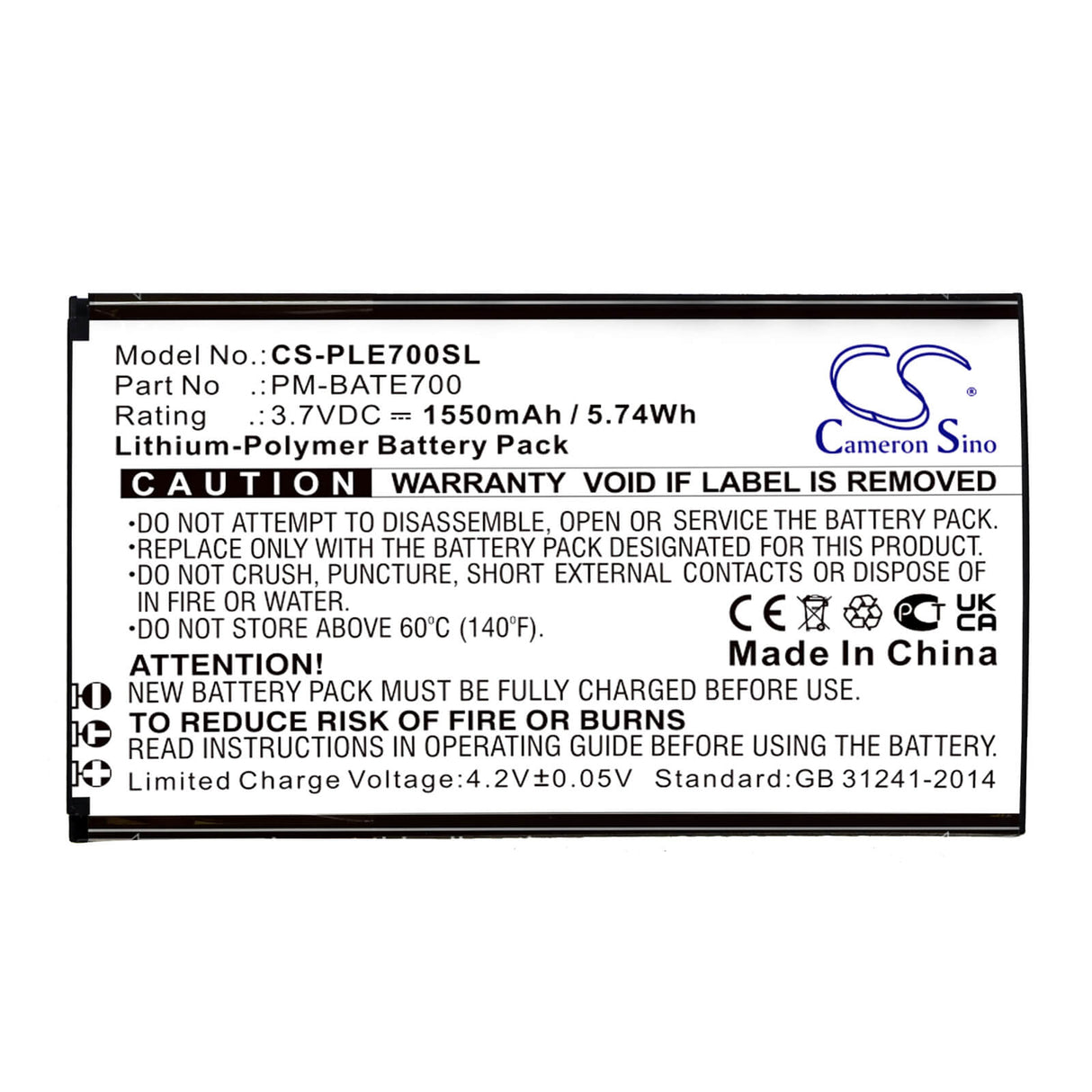 3.7V, Li-Polymer, 1550mAh, SmartPhone battery fits Plum, Pm-bate700, E700, Ram 7, 5.74Wh Mobile, SmartPhone Cameron Sino Technology Limited (Smartphone)