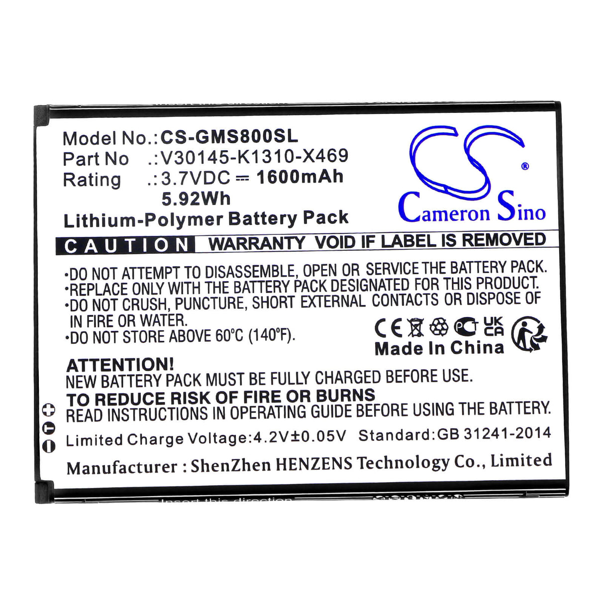 3.7V, Li-Polymer, 1600mAh, SmartPhone battery fits Gigaset, V30145-k1310-x469, Gs80, 5.92Wh Mobile, SmartPhone Cameron Sino Technology Limited (Smartphone)