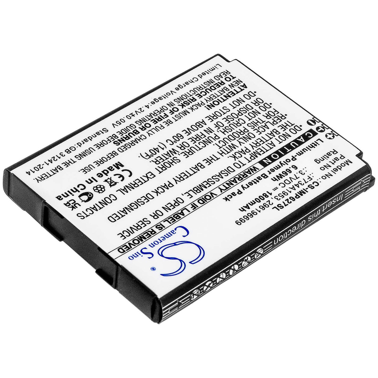3.7V, Li-Polymer, 1800mAh, Payment Terminal battery fits Ingenico, 296196699, Imp627, Imp627-usblu01a, 6.66Wh Payment Terminal Cameron Sino Technology Limited
