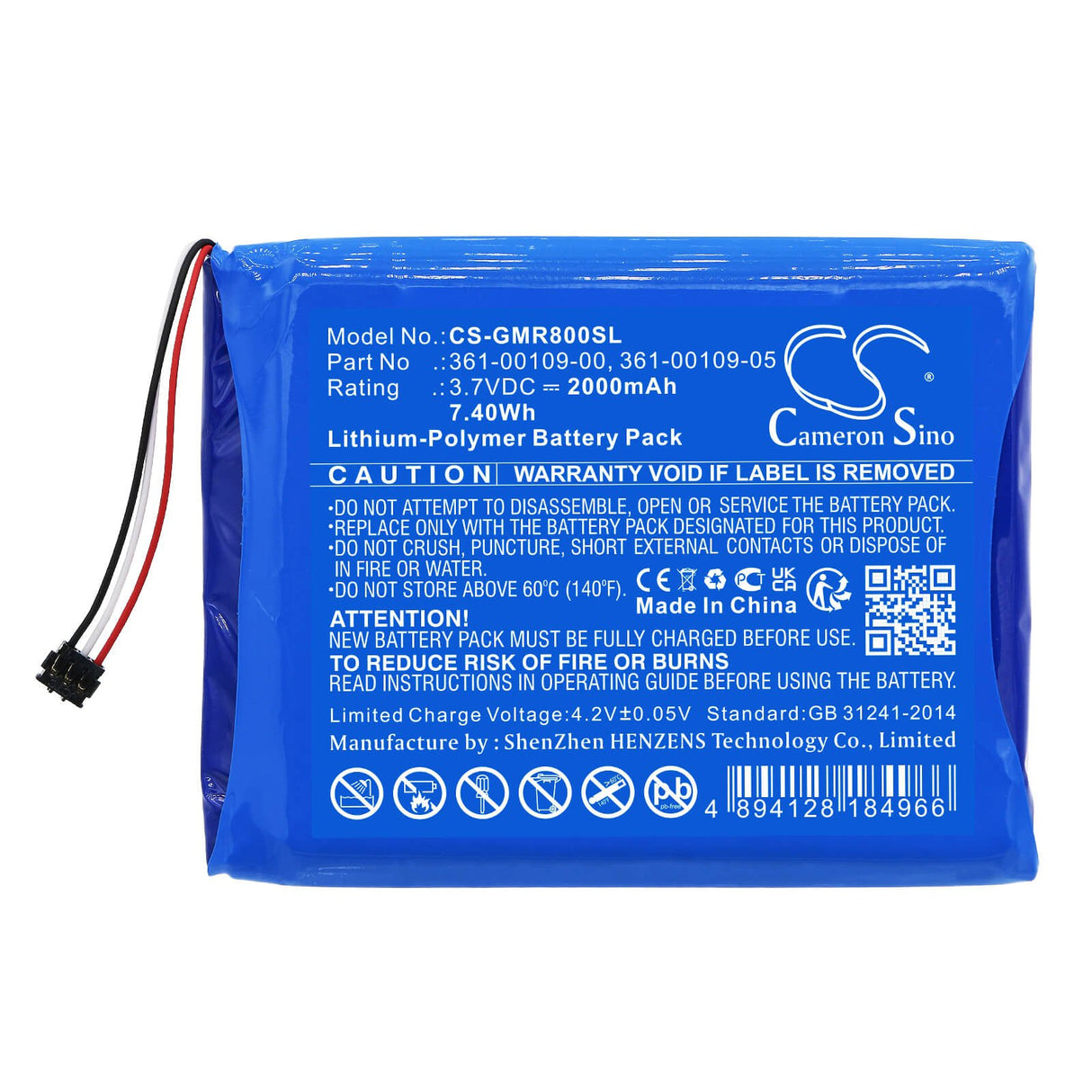 3.7V, Li-Polymer, 2000mAh, GPS battery fits Garmin, 361-00109-00, Dezl Otr800, Dezl Otr800 Mt-s, 7.4Wh GPS, Navigator Cameron Sino Technology Limited