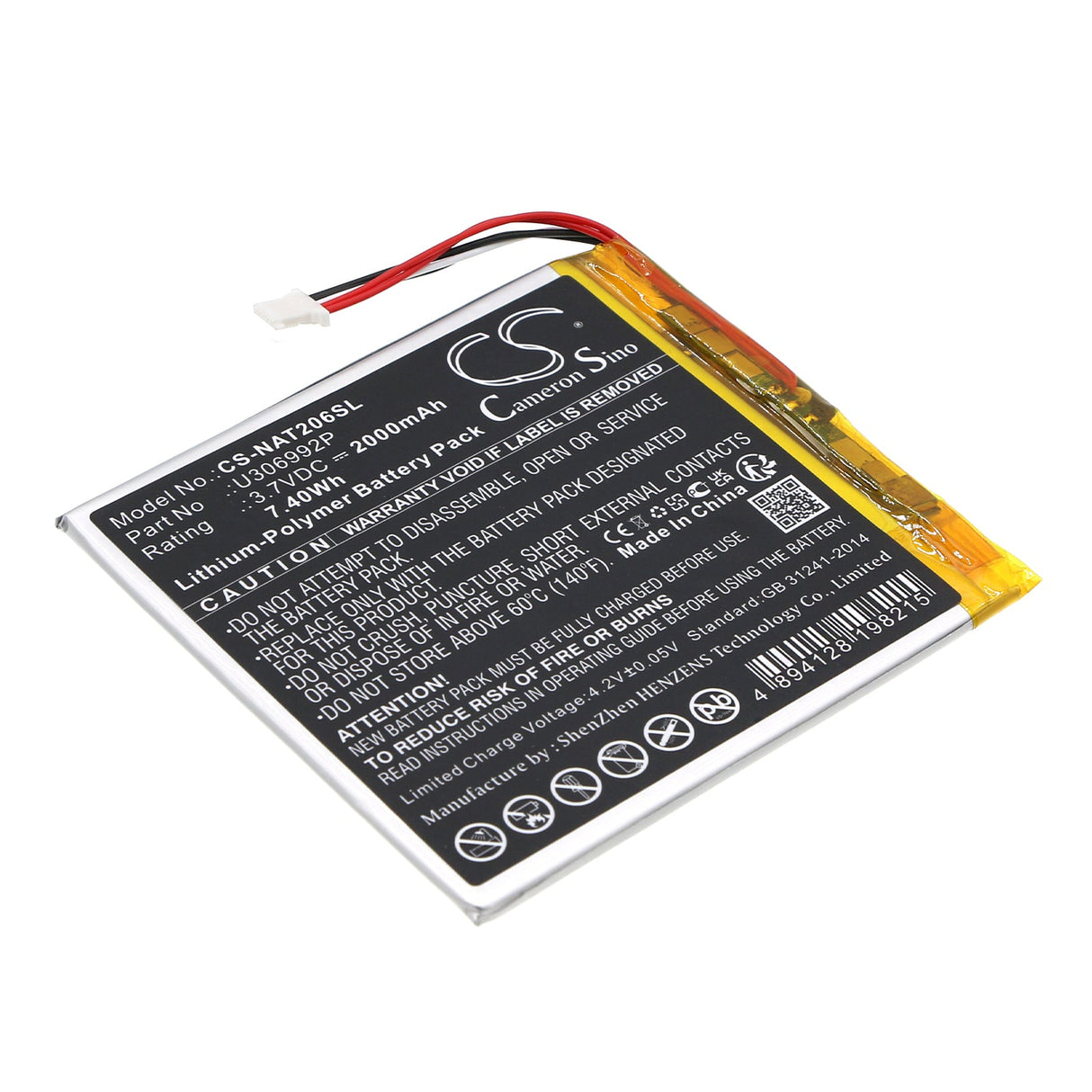 3.7V, Li-Polymer, 2000mAh, Tablet Battery fits Onn, 100005206, 100026191, 7.40Wh Tablet Cameron Sino Technology Limited