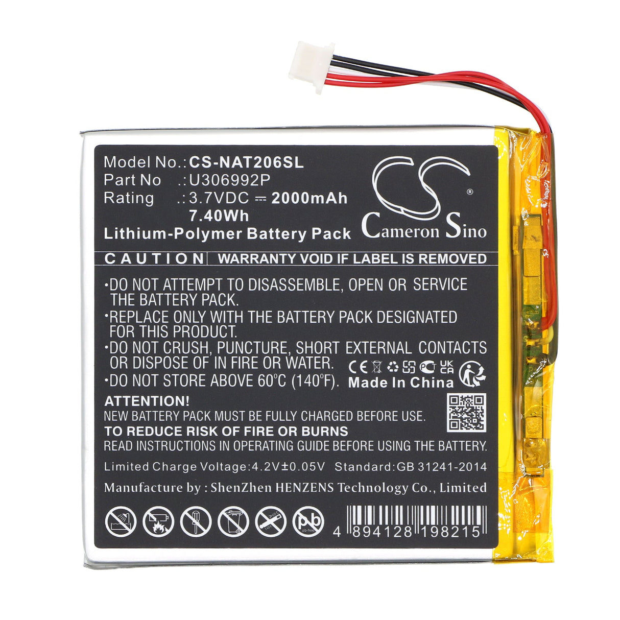 3.7V, Li-Polymer, 2000mAh, Tablet Battery fits Onn, 100005206, 100026191, 7.40Wh Tablet Cameron Sino Technology Limited