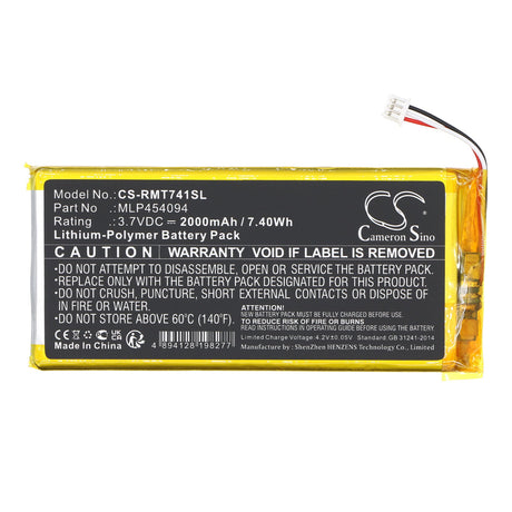 3.7V, Li-Polymer, 2000mAh, GPS battery fits Rand Mcnally, Mlp454094, Tnd-740c, 7.4Wh GPS, Navigator Cameron Sino Technology Limited