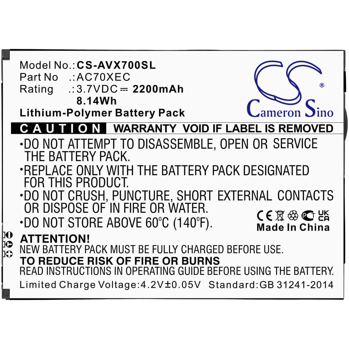 3.7V, Li-Polymer, 2200mAh, SmartPhone battery fits Archos, Ac70xec, 70 Xenon, 70 Xeon Color, 8.14Wh Mobile, SmartPhone Cameron Sino Technology Limited (Suspended)