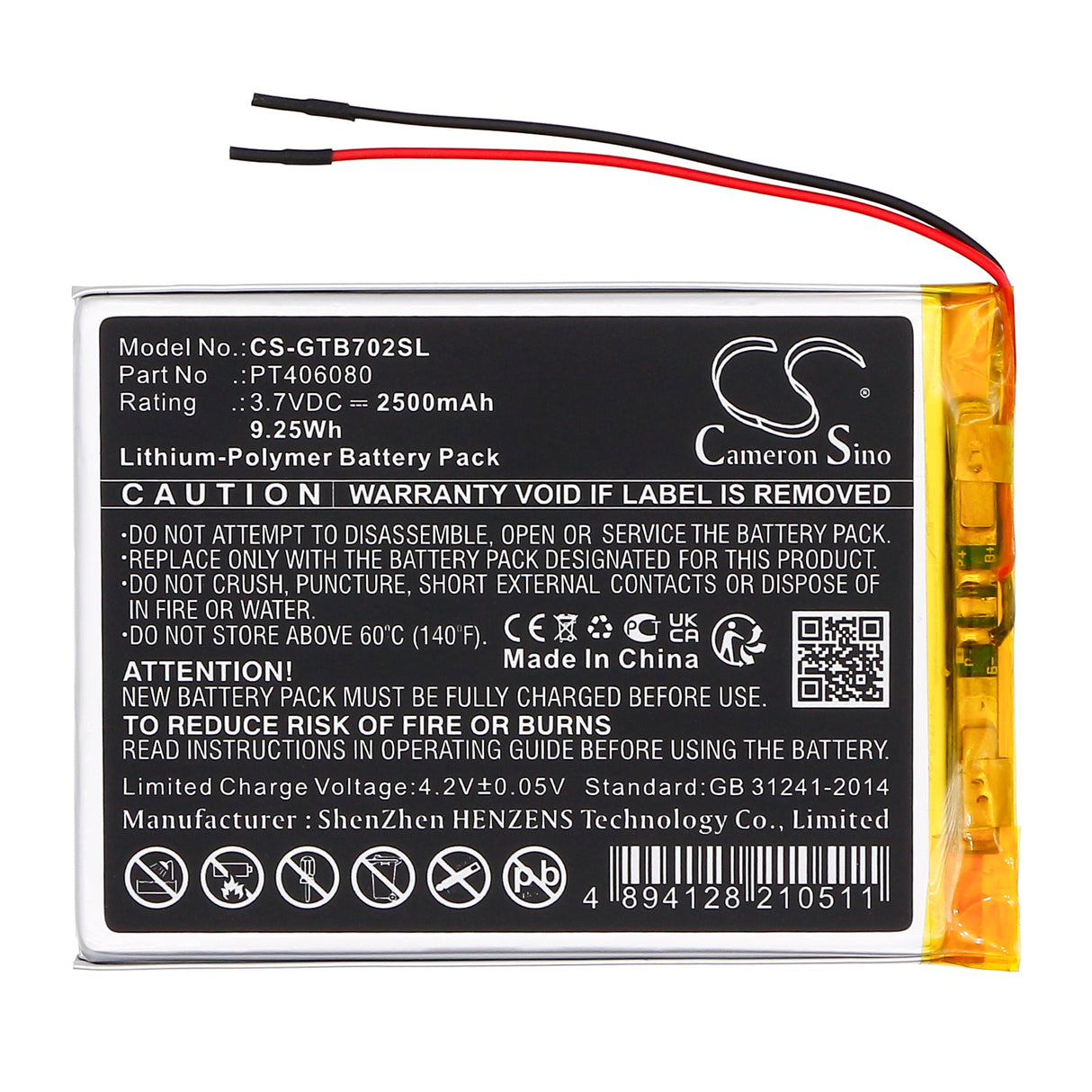 3.7V, Li-Polymer, 2500mAh, Tablet battery fits 3go, Geotab 7, Gt7002, 9.25Wh Tablet Cameron Sino Technology Limited